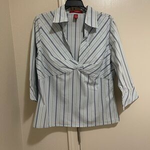 Gloria Vanderbilt blue and White Tie knot look Front striped Blouse L